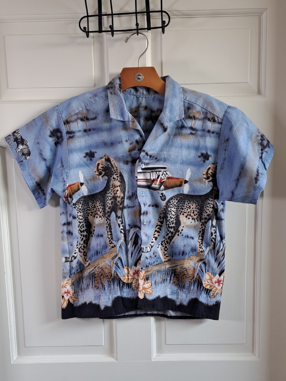Vintage Safari Club Cheetah Airplane Button Front Hawaiian Camp Shirt Sz S-M